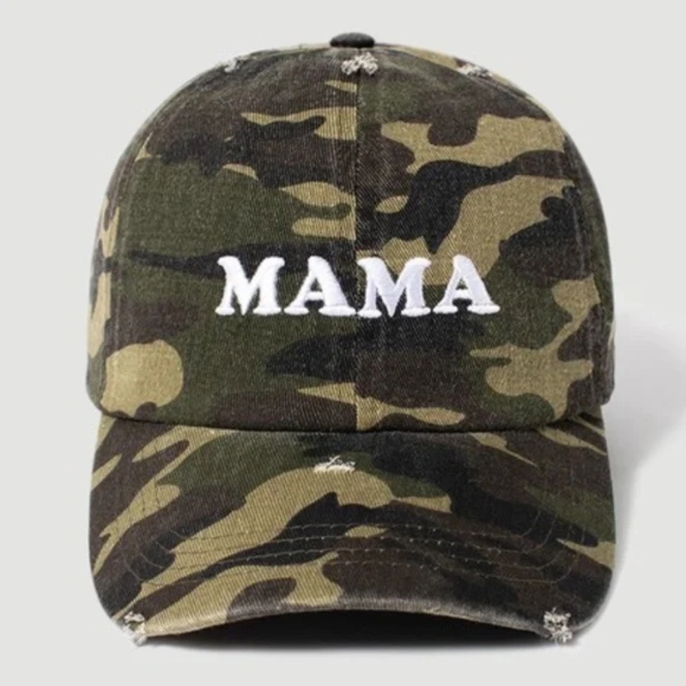 Mama Embroidered Camo Camouflage Distressed Baseball Hat Cap